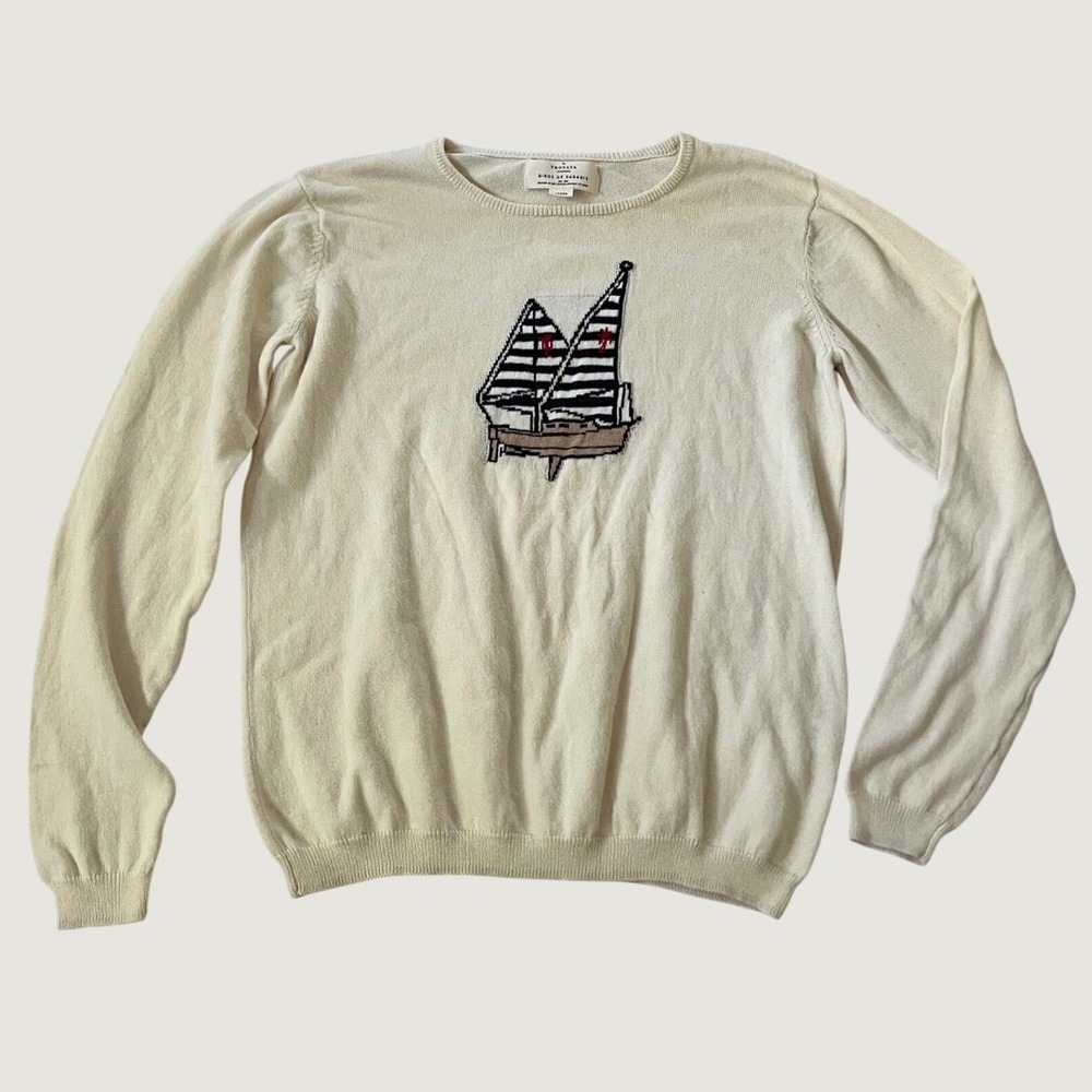 Trovata Birds of Paradis Sweater Cream Sailboat Intarsia Cotton Cashmere Large